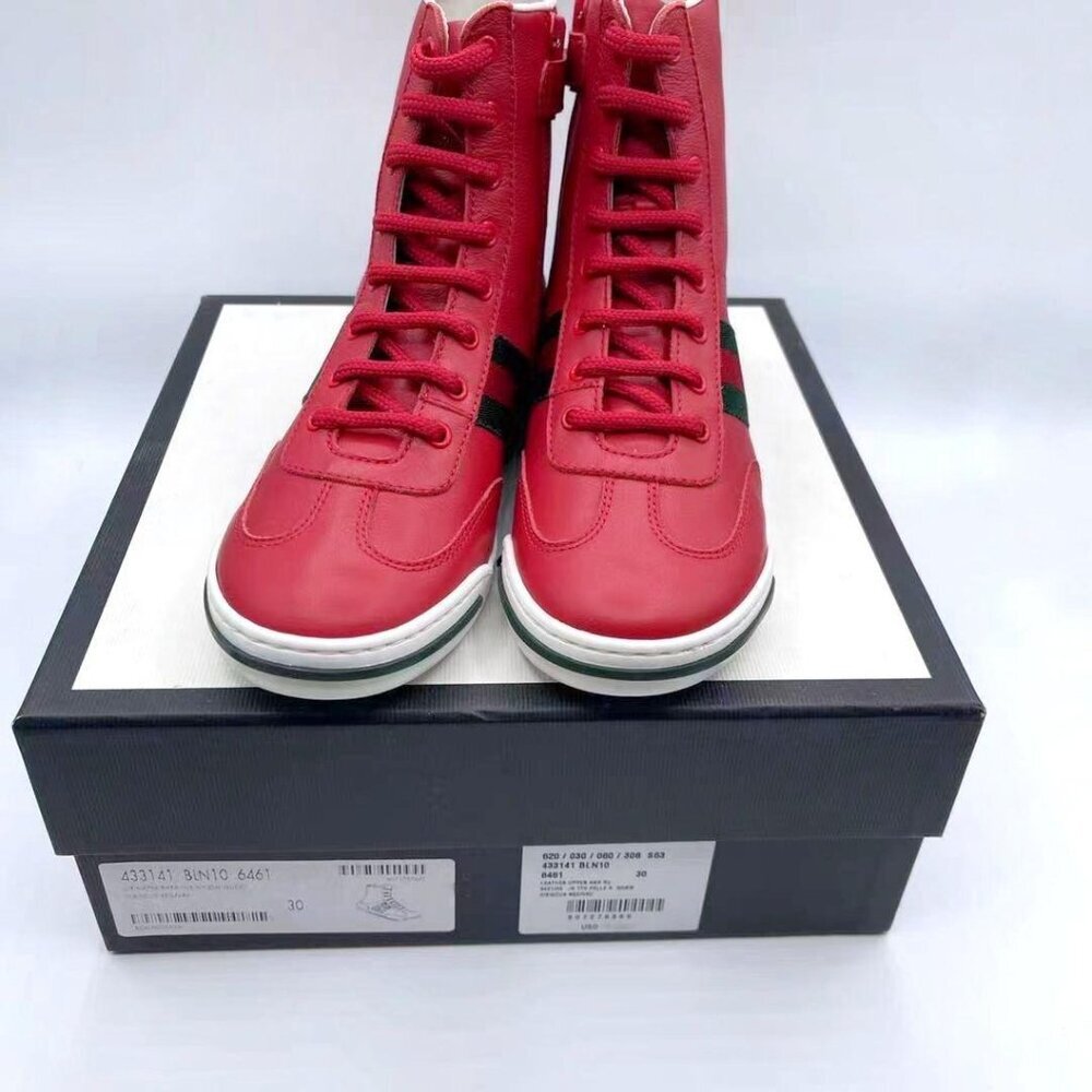 NIB Gucci Kids leather high-top with Web  Boots SIze 30 in red - Picture 3 of 6